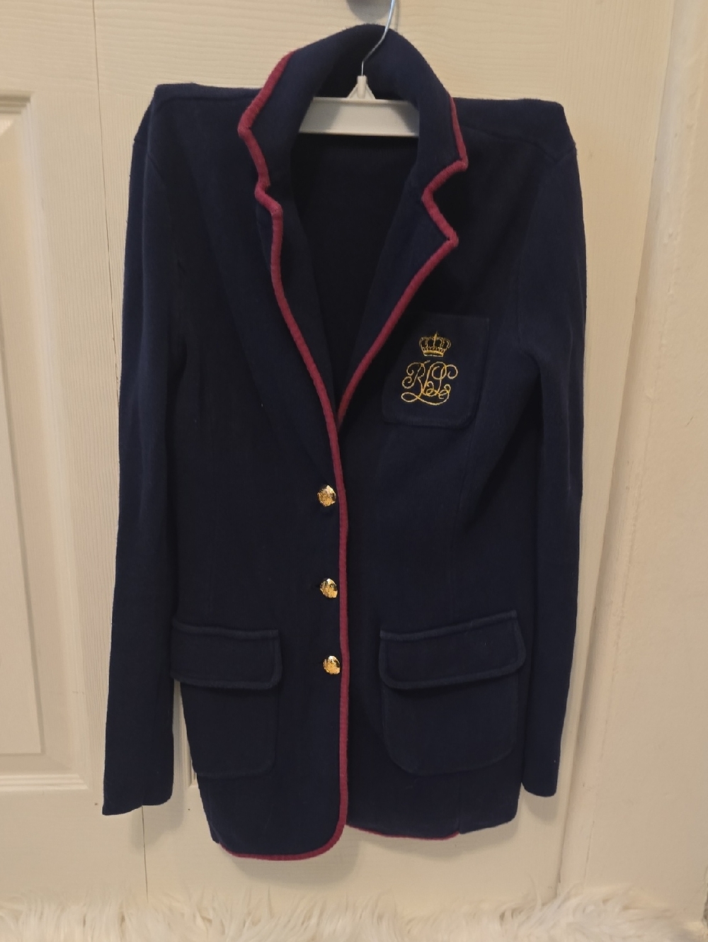 Lauren Ralph Lauren Navy Blazer with Pink Trim and Gold Crest Buttons